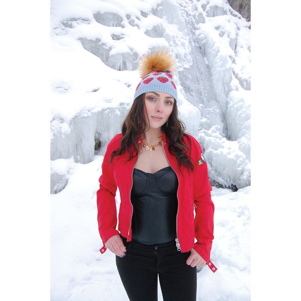 Strawberry Real Fox Fur Puff Beanie